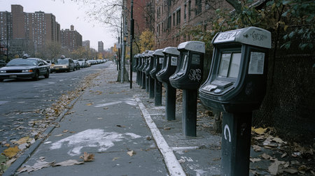 A row of abandoned payphones lined along a New York City street, enveloped in autumn colors and a sense of urban decay, showcasing the evolution of communication technologies.の素材