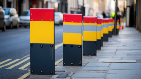 Colorful street bollards enhance safety and traffic control along a bustling urban sidewalk, providing a modern touch to the vibrant city landscape during daytime.の素材