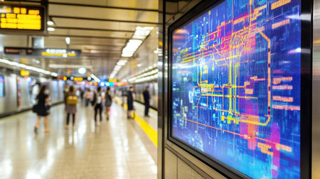 A vibrant digital display in a modern subway station shows graphic designs while busy commuters navigate the urban transport environment, highlighting technology integration in daily travel.の素材