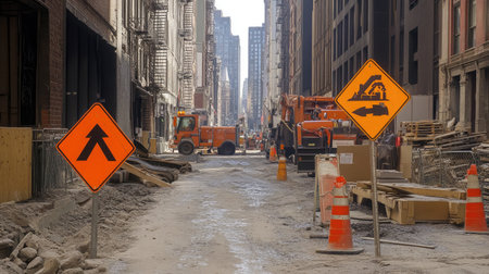 An urban construction zone featuring heavy machinery and traffic signs to redirect vehicles. The scene captures the essence of city roadwork and development activities.の素材