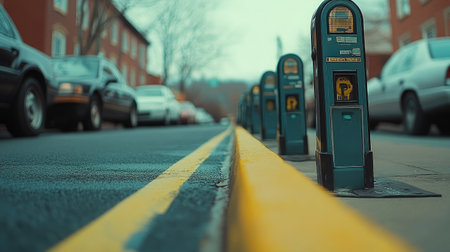 A charming urban scene with a line of vintage parking meters along a quiet street, surrounded by parked cars and soft natural lighting, showcasing a serene moment in city life.の素材