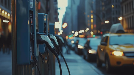 A bustling city street scene at dusk featuring an electric vehicle charging station, highlighting the importance of eco-friendly transportation solutions in urban landscapes.の素材