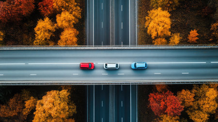 This captivating aerial image showcases a highway bordered by vibrant autumn foliage and featuring three cars traveling on a clear day, emphasizing the beauty of fall landscapes.の素材