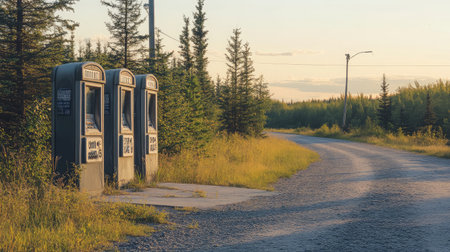 A picturesque view of vintage gas station pumps beside a gravel road, surrounded by tall trees, capturing a serene moment in the wilderness at sunset.の素材