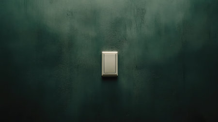 A minimalist light switch is positioned centrally on a textured dark green wall, embodying modern design principles, ideal for inspiring home decor projects and enhancing stylish interiors.の素材