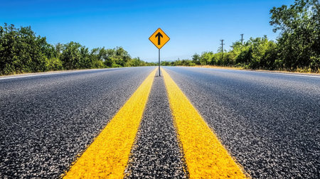 A serene view of an empty straight road stretching toward a clear blue sky, featuring a road sign indicating direction, evoking thoughts of adventure and exploration.の素材