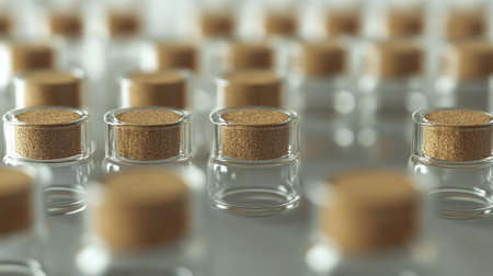 A close-up view of multiple glass vials with cork stoppers, showcasing a meticulous arrangement. Ideal for themes related to science, medicine, and apothecary.の素材