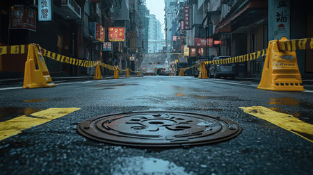 A tranquil urban street scene captured at dawn, featuring wet pavement and traffic cones, evoking feelings of solitude and quiet amidst a rainy city atmosphere.の素材