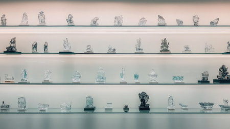 A modern exhibition features a stunning collection of art glass sculptures, showcasing detailed designs and unique craftsmanship on sleek shelving under soft lighting.の素材