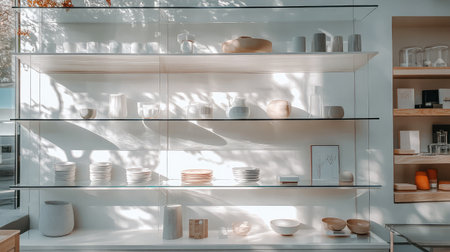 A beautifully arranged display of minimalist tableware and home decor items under soft sunlight, creating a serene atmosphere with elegant shadows and clean lines.の素材