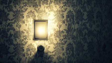 A vintage light switch nestled against beautifully textured wallpaper emits a soft glow, creating a cozy atmosphere that enhances any interior design aesthetic.の素材