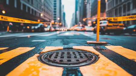 Captivating urban street scene featuring a manhole cover and yellow traffic barriers, highlighting the busy city atmosphere on a rainy day with glistening pavement.の素材