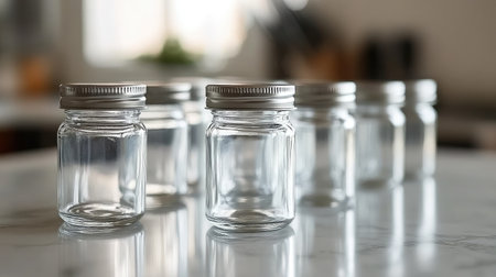 A set of clear glass jars with silver lids displayed on a marble table, capturing a modern kitchen aesthetic. Perfect for storage, crafts, or decorative use.の素材