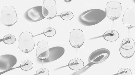 Discover a beautiful arrangement of clear glasses casting delicate shadows on a white surface, showcasing minimalist design and creating a serene, elegant atmosphere.の素材