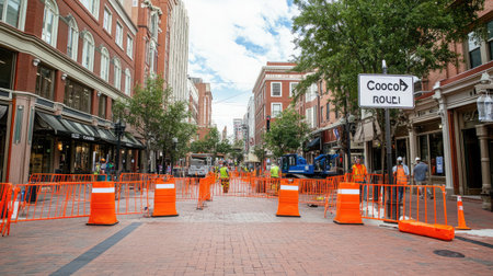 This image captures a vibrant urban street during construction, showcasing workers, safety barriers, and local shops, highlighting city development and infrastructure efforts.の素材