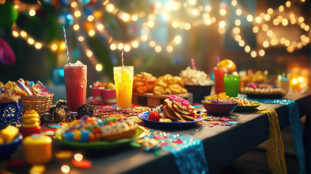A vibrant spread of sweets and drinks on a decorated table, illuminated by sparkling lights, creating a joyful atmosphere perfect for celebrations and gatherings.の素材