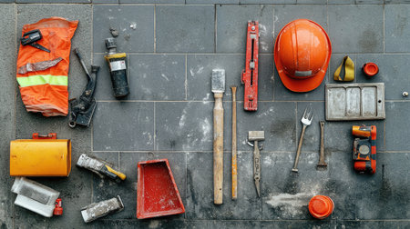 A well-organized arrangement of essential construction tools and safety equipment set on a grey floor, showcasing the necessary items for any building or repair project.の素材
