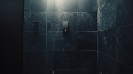 A modern shower interior showcasing sleek black tiles and a minimalist design, creating a tranquil and luxurious bathing space perfect for contemporary homes.の素材