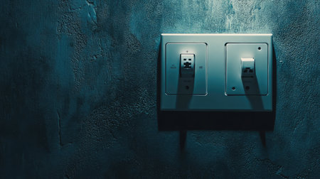 This stock photo captures a wall switch and power outlet in dim lighting, showcasing textures and shadows to highlight modern design elements in a minimalistic setting.の素材