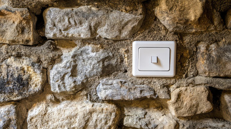 A close-up view of a white light switch against a rustic stone wall, showcasing the blend of modern design and natural textures, perfect for interior decor inspiration.の素材
