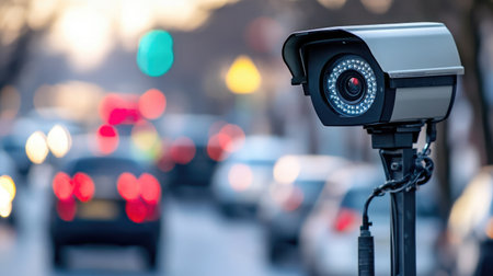 A high-tech surveillance camera captures the bustling activity of a city street filled with vehicles and vibrant traffic lights, emphasizing urban security and technology.の素材