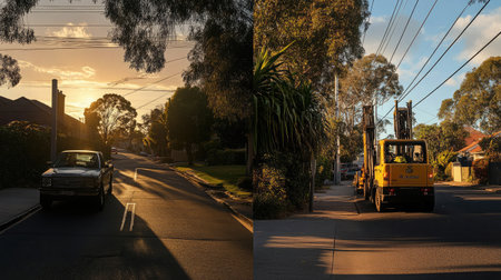 A peaceful street scene at sunset featuring a classic car parked beside a forklift, surrounded by lush greenery and residential homes, capturing the essence of urban tranquility.の素材