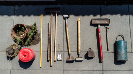 Collection of essential gardening tools arranged neatly on an outdoor surface, showcasing a variety of equipment for maintaining and cultivating plants in an organized manner.の素材