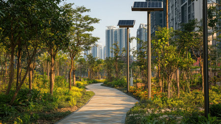 A picturesque urban park scene showcasing a winding path lined with solar panels and lush greenery, enhanced by modern high-rise buildings under a clear blue sky.の素材