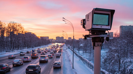 A serene winter evening captures a traffic scene with a speed camera overlooking a snow-covered road as cars navigate through the city under a vibrant sunset sky.の素材