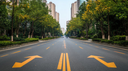 A tranquil urban roadway with yellow directional arrows leads through a beautifully landscaped area of trees and modern buildings, creating a serene city atmosphere.の素材