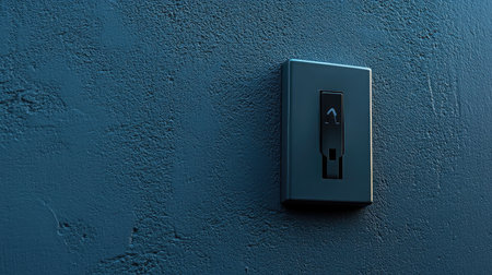 A sleek and modern light switch mounted on a textured blue wall, showcasing minimalist design elements ideal for contemporary interior decoration. Great for home improvement projects.の素材