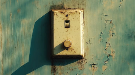 A close-up of a vintage light switch set against a weathered wall, showcasing peeling paint and casting shadows that evoke a sense of nostalgia and history.の素材