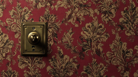 A vintage brass light switch is displayed against a rich red wallpaper with intricate floral patterns, showcasing classic style and providing a warm, inviting ambiance for interior spaces.の素材