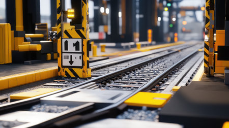 This image captures a close-up view of modern railway tracks featuring safety markings and an industrial atmosphere, highlighting intricate details of transportation infrastructure.の素材