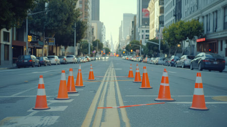 A serene city street viewed from the ground, lined with orange traffic cones, showcasing urban planning and traffic control in a bustling downtown environment.の素材