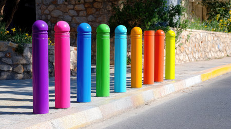 Brightly colored vertical poles line a sidewalk, offering a playful urban aesthetic. These vibrant structures enhance the public space with their cheerful and modern design.の素材
