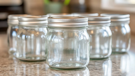 A set of empty glass jars on a kitchen counter, ideal for storage or crafting. Their clear design and silver lids make them versatile for various home uses.の素材