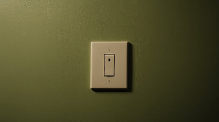 This image features a minimalist light switch on a textured green wall, showcasing modern aesthetics and simplicity in interior design, ideal for your decor projects.の素材