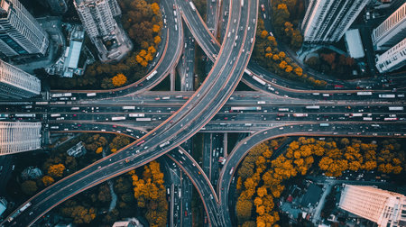 This aerial image captures a busy urban highway interchange surrounded by vibrant autumn colors, showcasing the lively movement of traffic against a stunning city backdrop.の素材