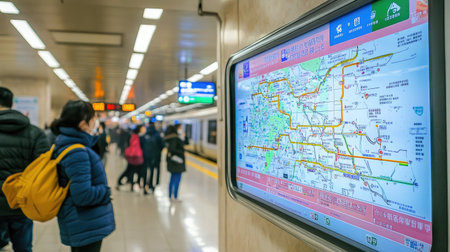 A woman stands in an urban subway station, gazing at a detailed map while other passengers navigate the platform, capturing the essence of modern city commuting.の素材