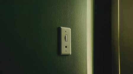 A minimalist light switch captured in a close-up view, set against a textured wall, bathed in soft ambient light, perfect for showcasing modern interior design elements.の素材