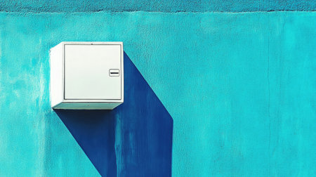 A striking image featuring a bright blue wall with a white electrical box that casts a long shadow, highlighting the beauty of urban architecture and minimalistic design.の素材
