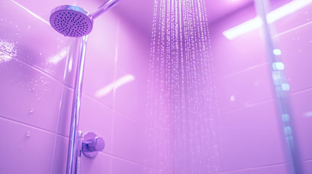 A close-up view showcasing a modern showerhead with water flowing against a backdrop of soft purple lighting, enhancing the serene atmosphere of a stylish bathroom space.の素材