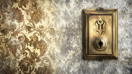 An elegant vintage brass door lock plate rests against beautifully ornate wallpaper, perfect for showcasing historical and artistic interior design themes.の素材