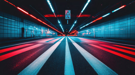 A captivating nighttime tunnel scene featuring dynamic light trails and colorful neon lights. This photo captures an abstract urban aesthetic with vibrant patterns and symmetry.の素材