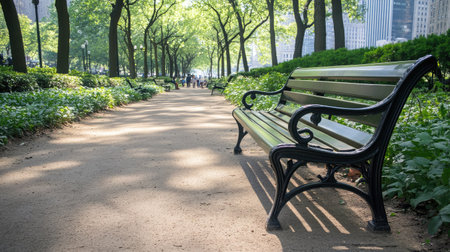 A tranquil park pathway showcasing a black bench amidst vibrant greenery and sunlit trees, perfect for conveying a sense of peace and relaxation in nature.の素材