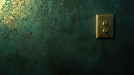 A stunning gold light switch stands out against a rich green textured wall, offering a unique blend of modern and vintage style, perfect for interior design inspiration.の素材