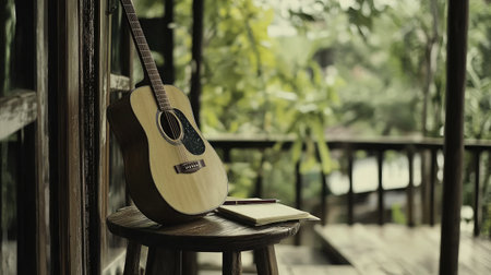 A captivating scene featuring an acoustic guitar resting on a wooden stool, embraced by lush greenery, evoking a peaceful atmosphere perfect for creativity and inspiration.の素材