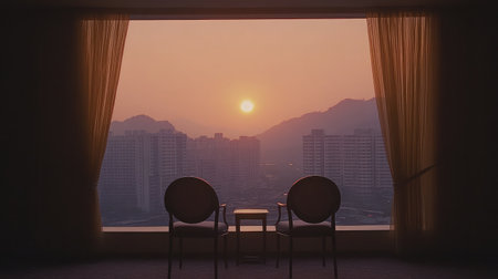 A beautiful sunset view from a hotel room featuring two elegant chairs and a small table by a window, showcasing an urban landscape framed by tranquil mountains at dusk.の素材