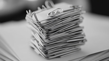 This monochromatic image features a close-up of a stack of silver paper clips arranged neatly against a soft focus background, highlighting a scene of organized office supplies.の素材